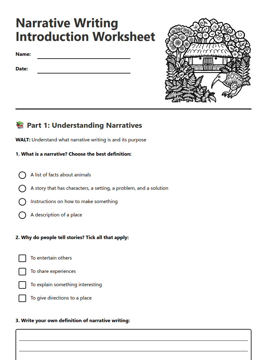 Narrative Writing Introduction Worksheet worksheet preview