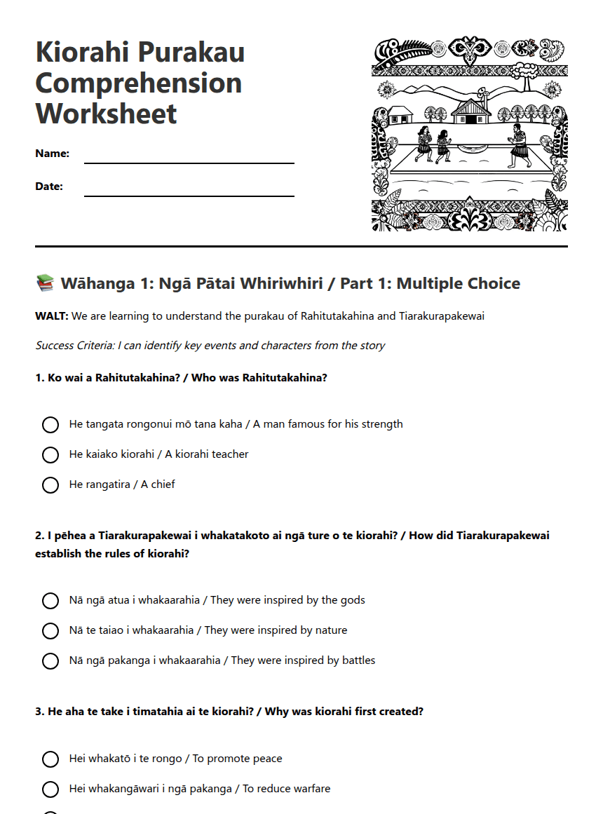 Kiorahi Purakau Comprehension Worksheet worksheet preview