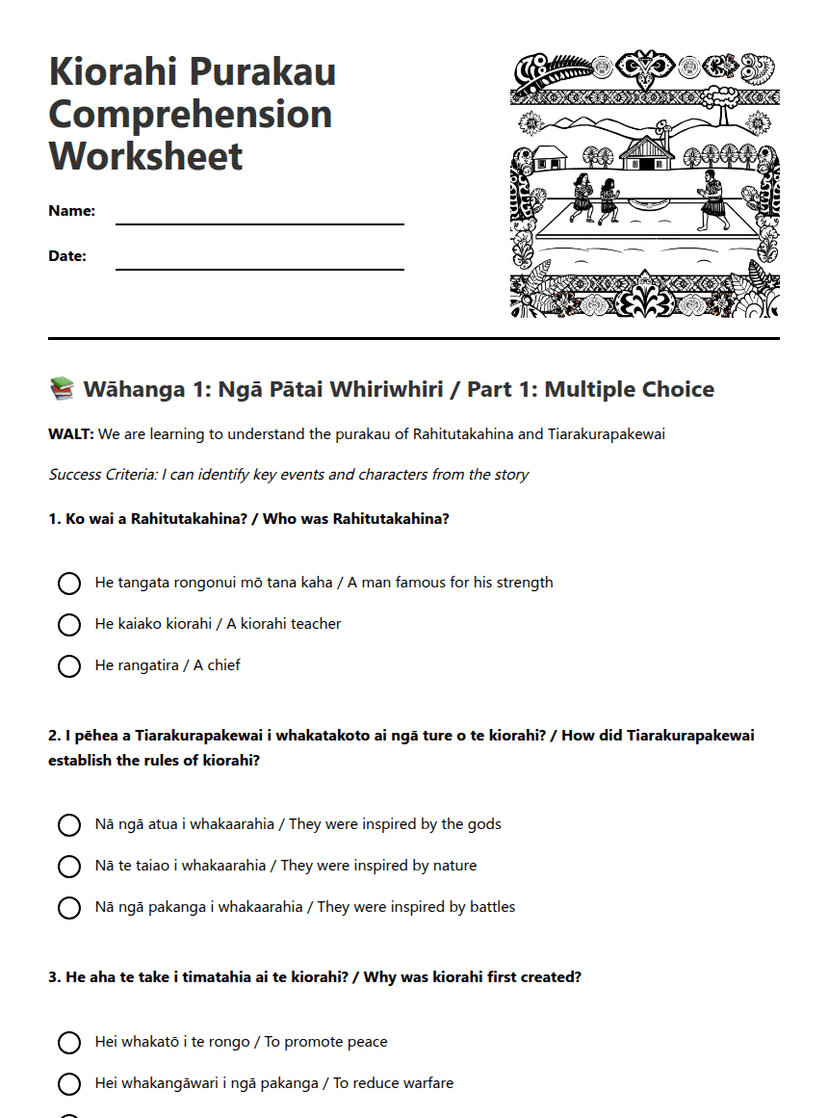 Kiorahi Purakau Comprehension Worksheet