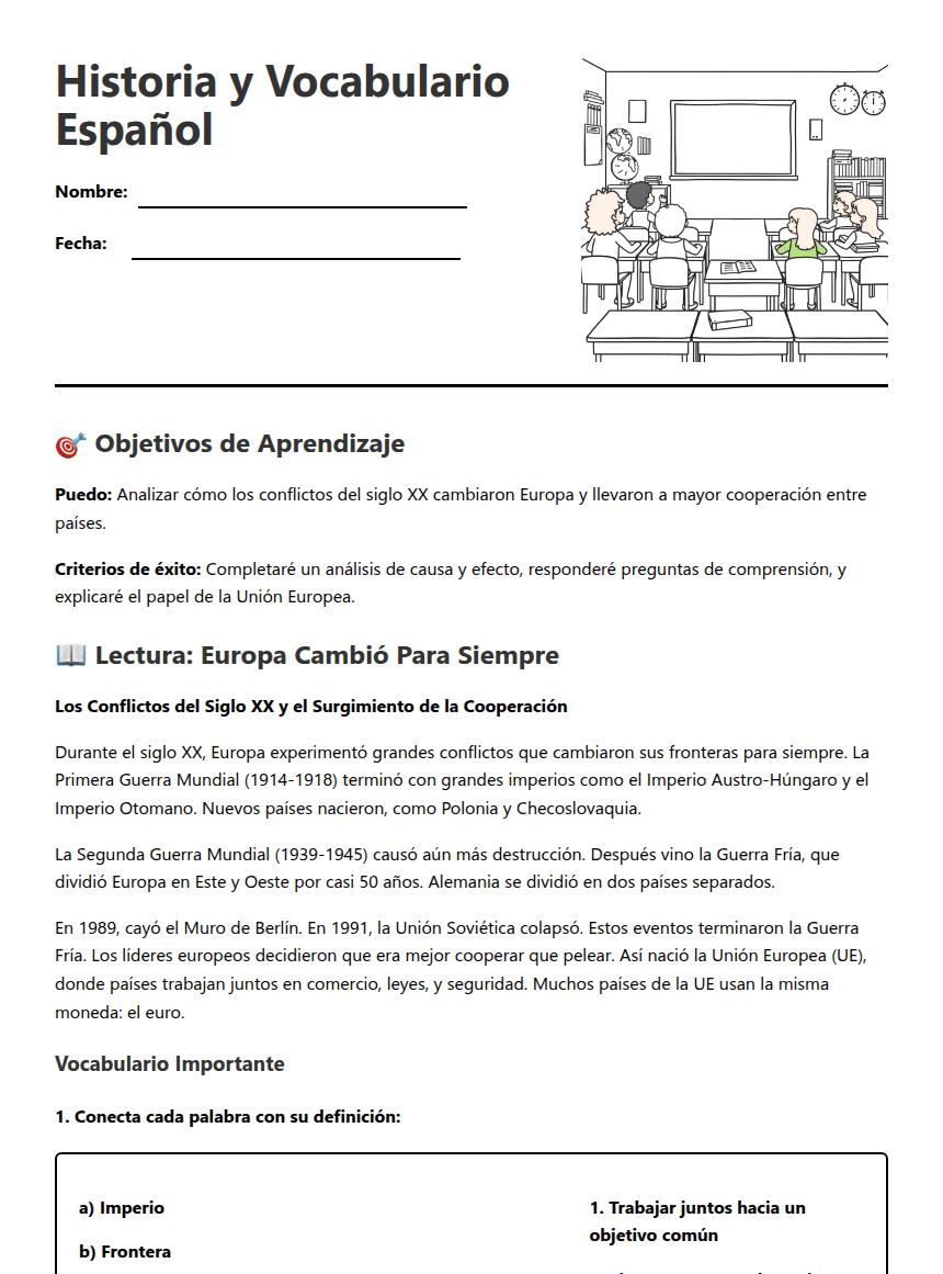 Historia y Vocabulario Español worksheet preview