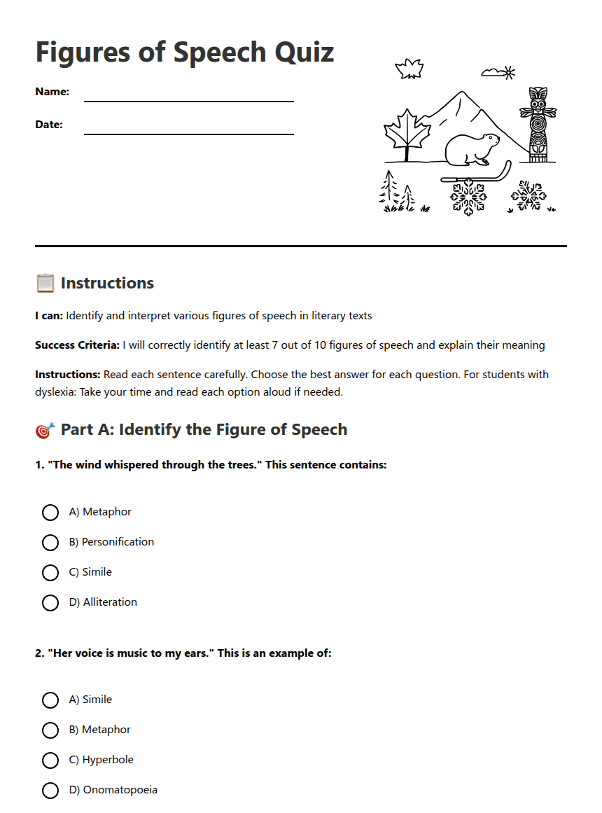 Figures of Speech Quiz worksheet preview