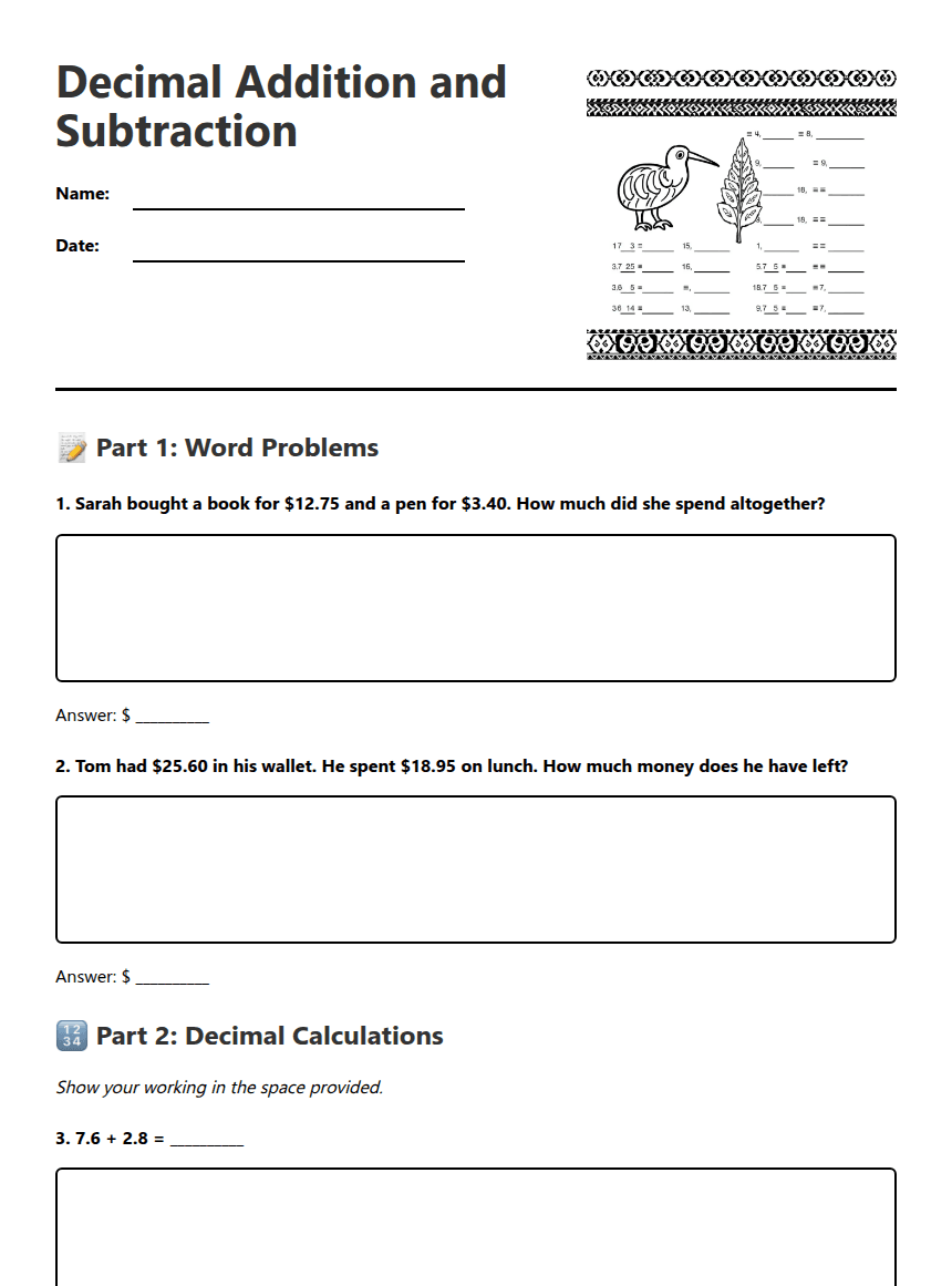 Decimal Addition and Subtraction worksheet preview