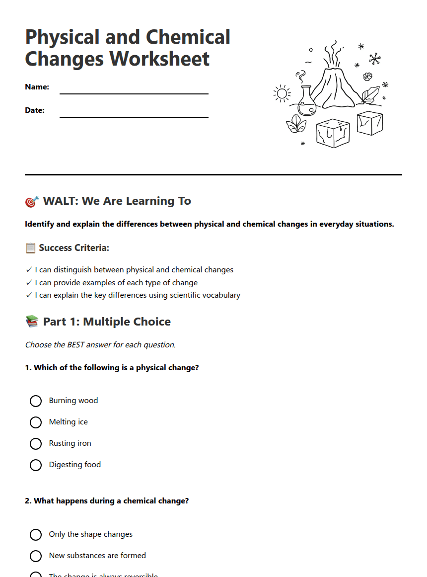 Physical Chemical Changes Worksheet worksheet preview