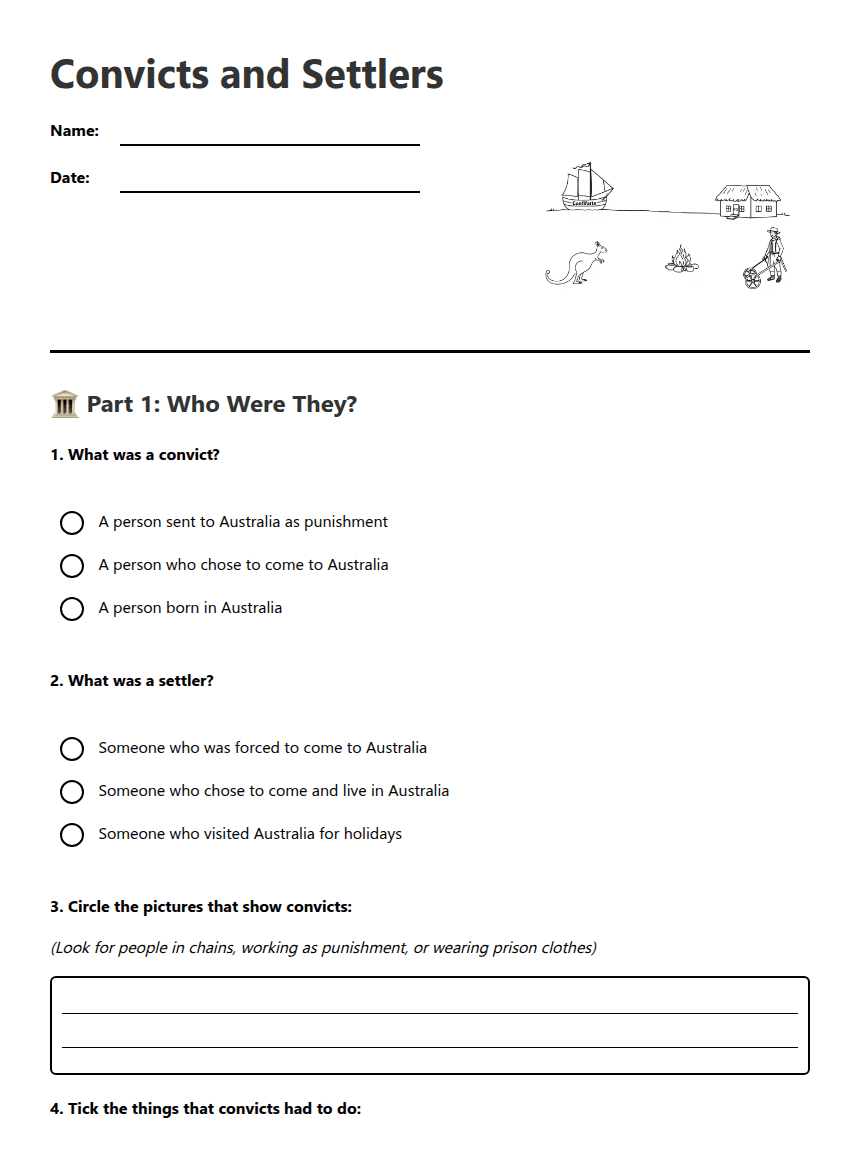 Convicts and Settlers worksheet preview