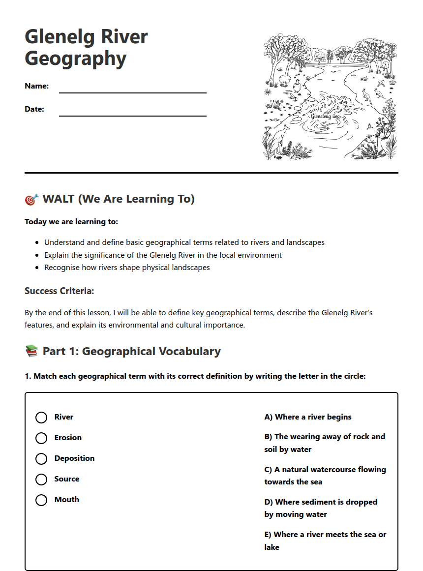 Glenelg River Geography worksheet preview
