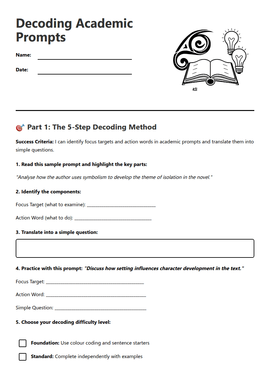 Decoding Academic Prompts worksheet preview