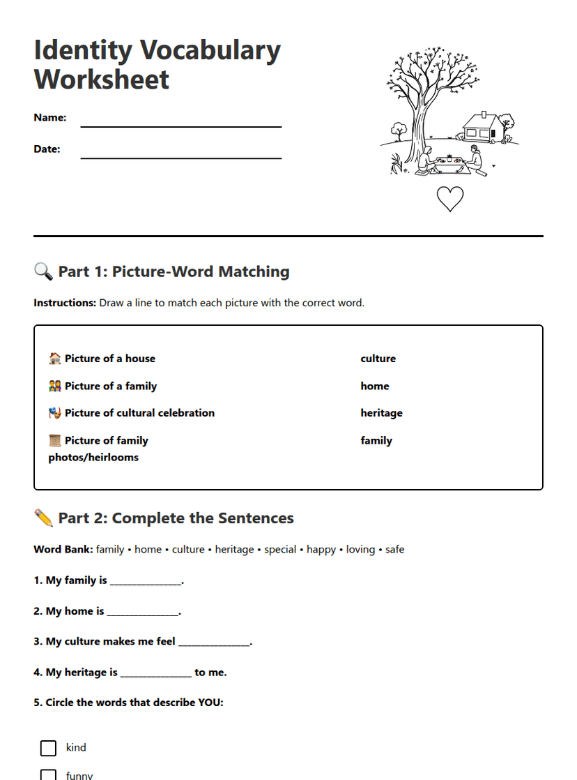 Identity Vocabulary Worksheet