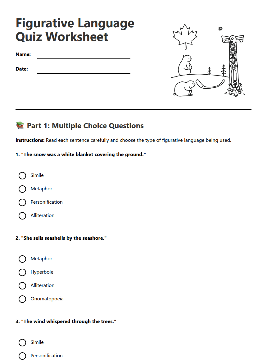 Figurative Language Quiz Worksheet worksheet preview