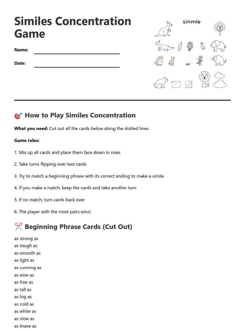 Similes Concentration Game worksheet preview