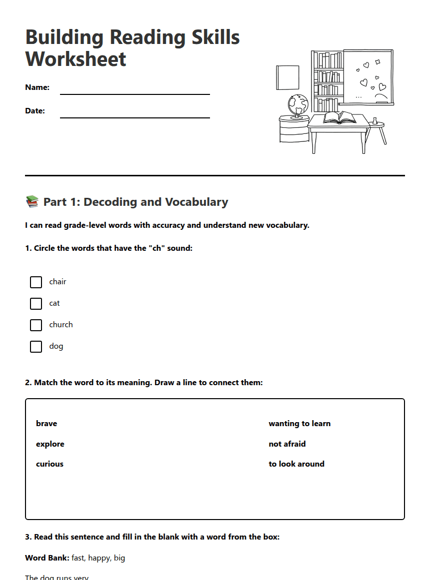 Building Reading Skills Worksheet worksheet preview