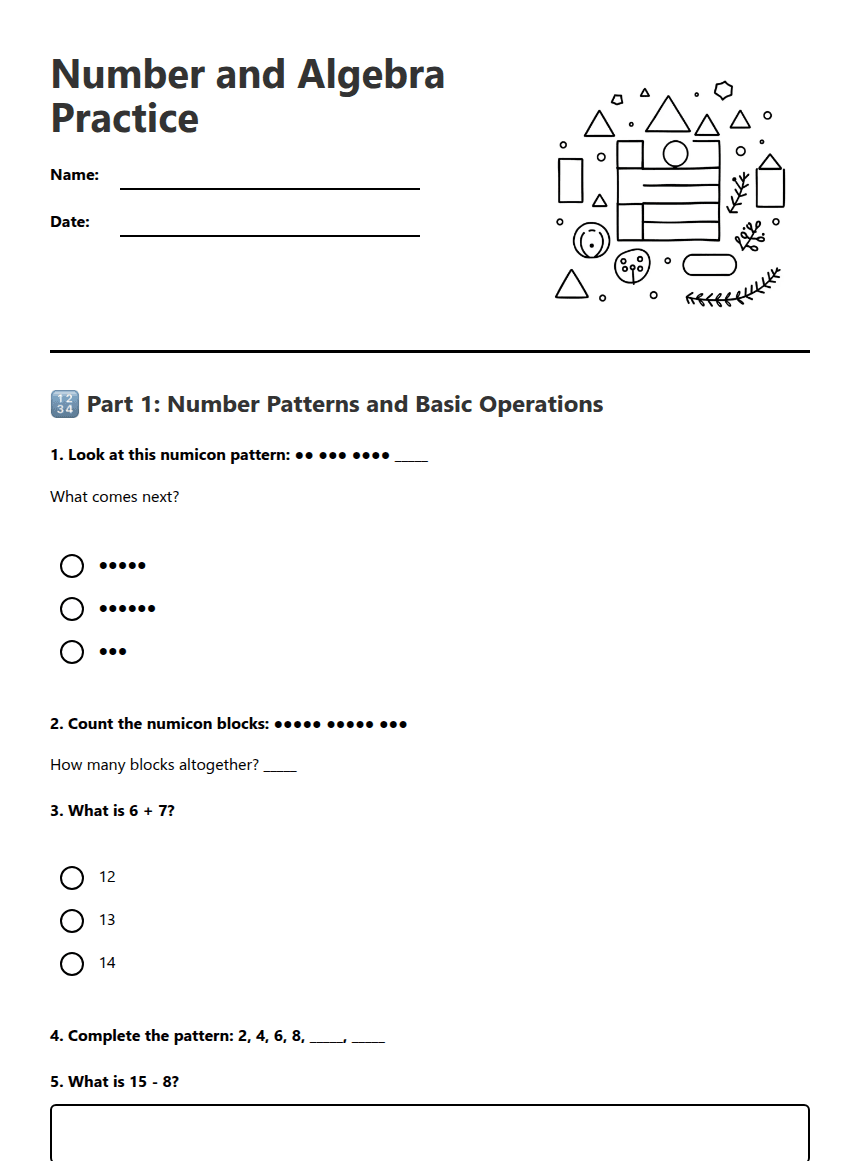 Number and Algebra Practice worksheet preview