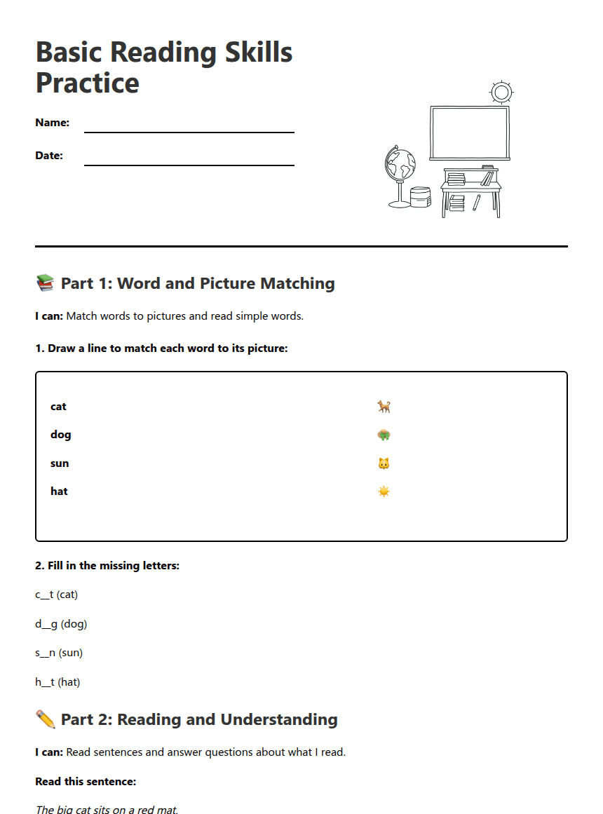Basic Reading Skills Practice worksheet preview
