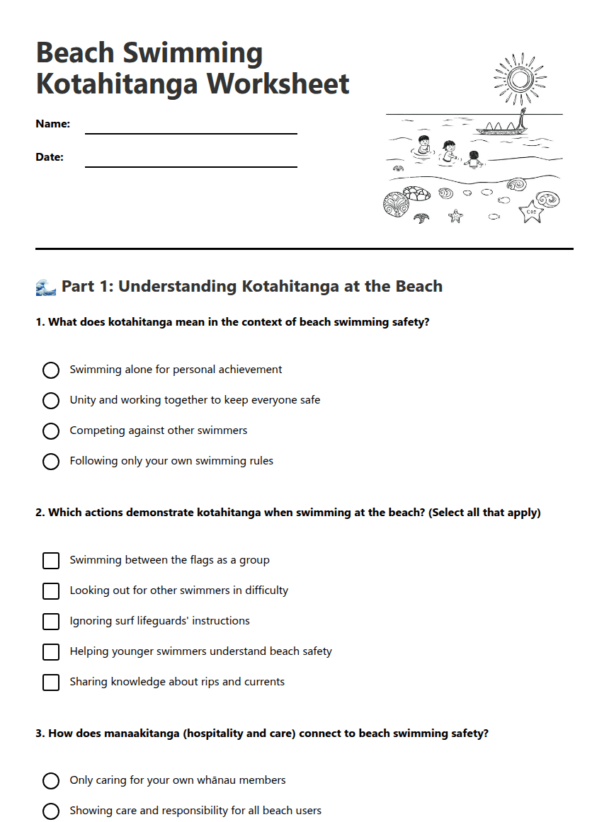 Beach Swimming Kotahitanga Worksheet worksheet preview
