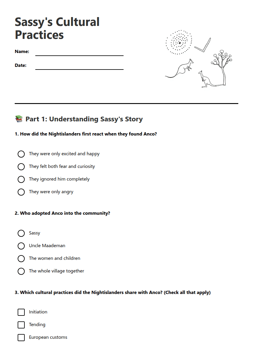 Sassy's Cultural Practices worksheet preview