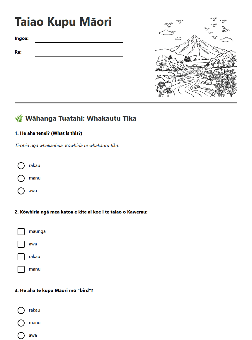 Taiao Kupu Māori worksheet preview