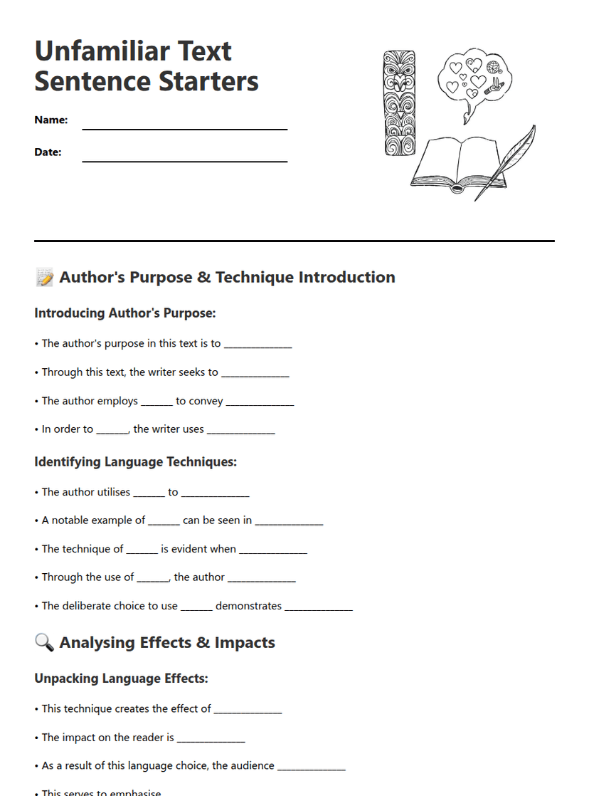 Unfamiliar Text Sentence Starters