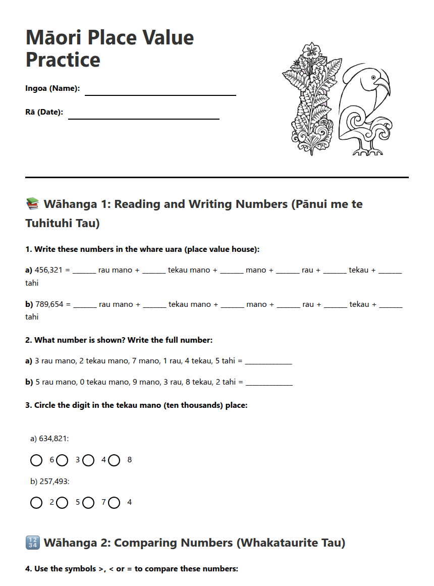 Māori Place Value Practice worksheet preview