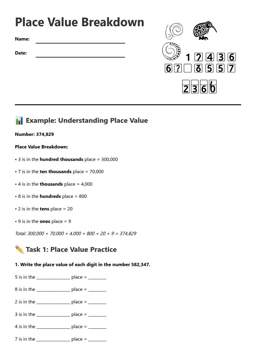 Place Value Breakdown worksheet preview