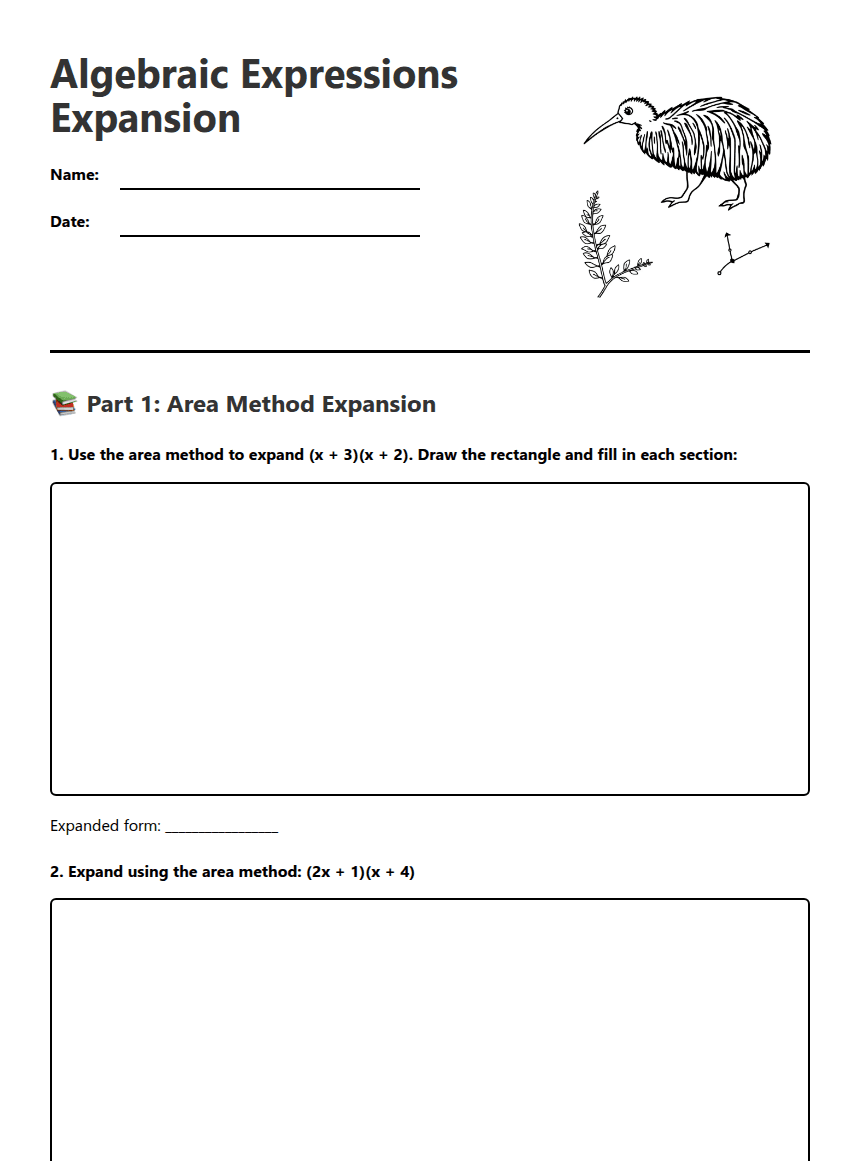Algebraic Expressions Expansion worksheet preview