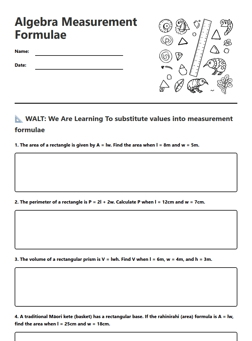 Algebra Measurement Formulae worksheet preview