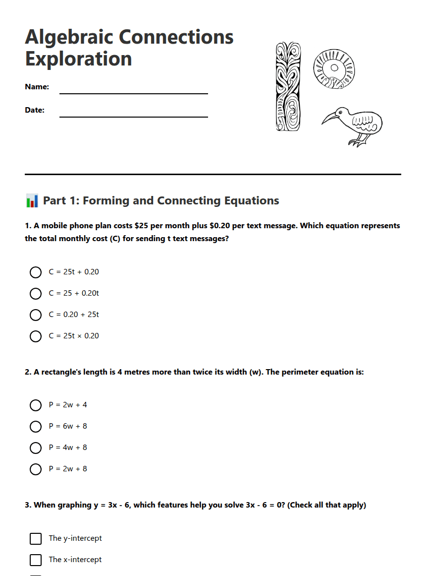 Algebraic Connections Exploration worksheet preview