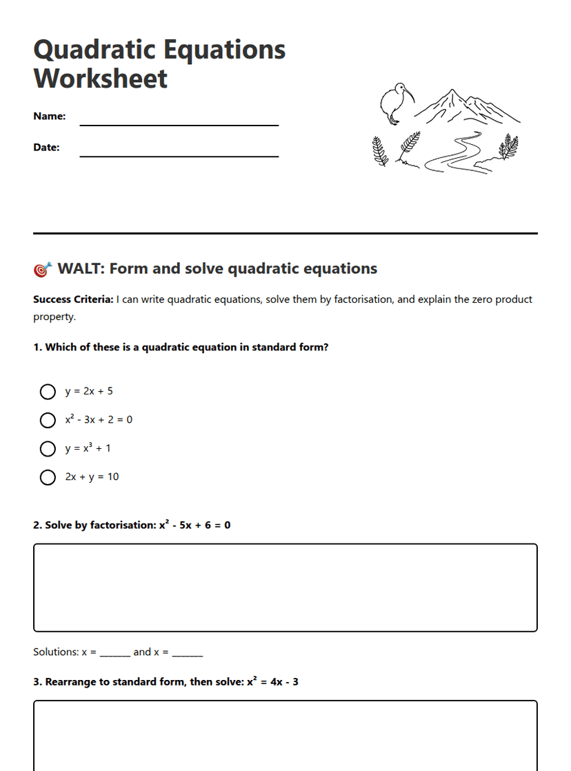 Quadratic Equations Worksheet