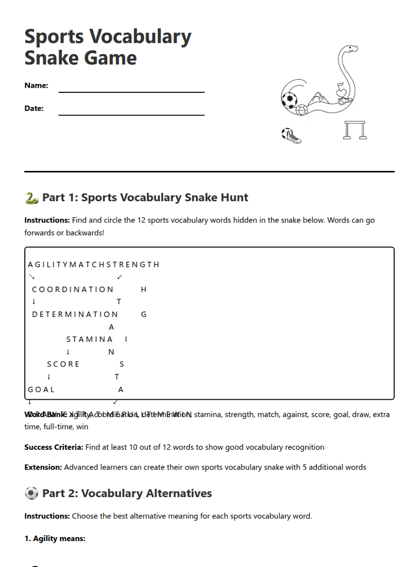 Sports Vocabulary Snake Game