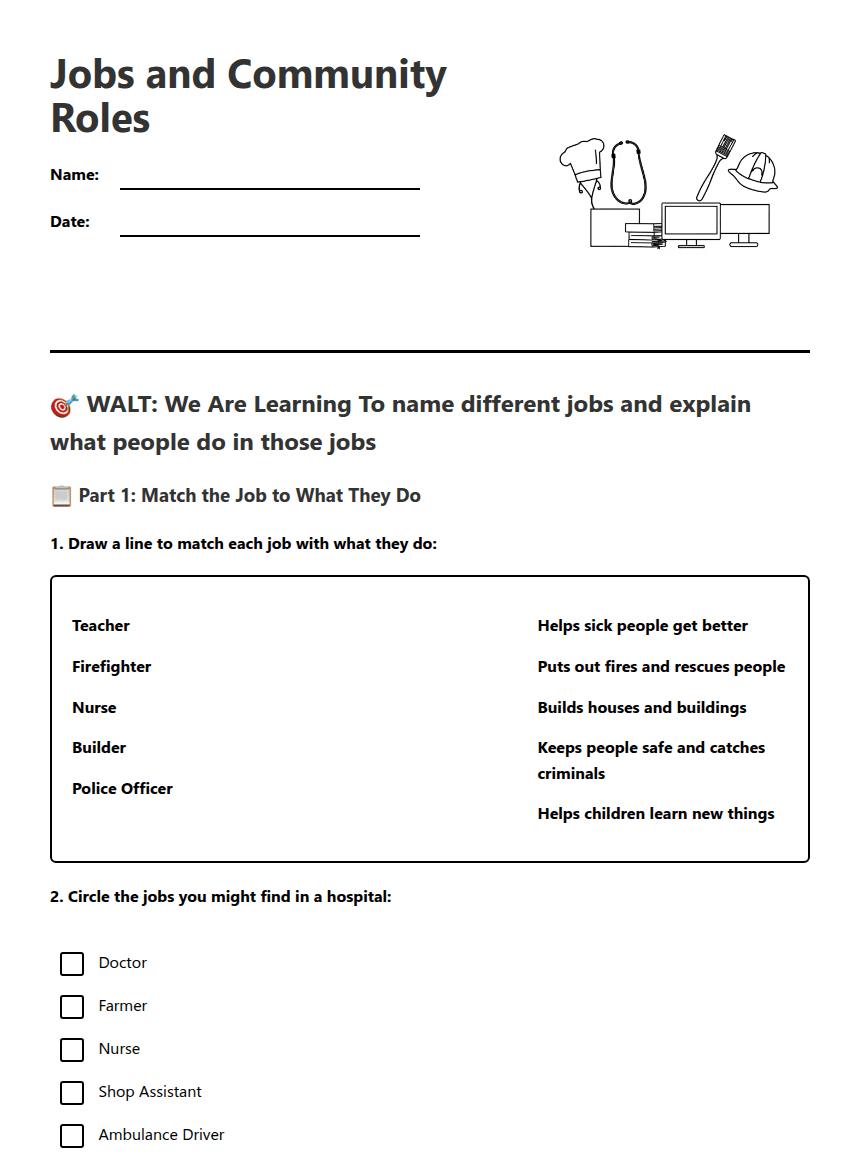 Jobs and Community Roles worksheet preview