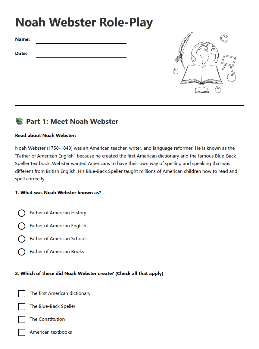 Noah Webster Role-Play worksheet preview