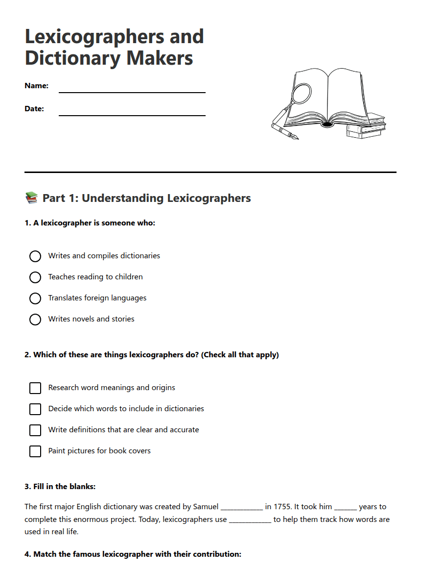 Lexicographers and Dictionary Makers worksheet preview
