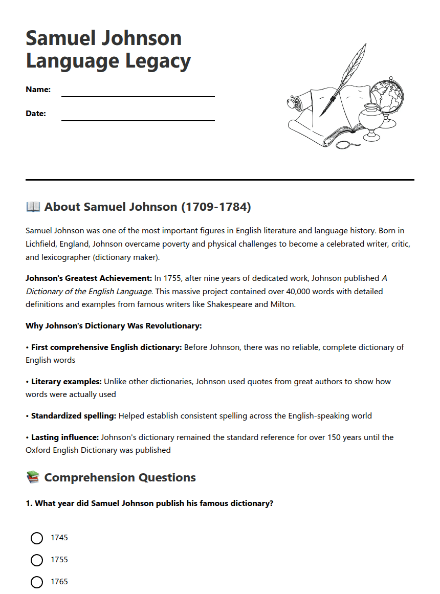 Samuel Johnson Language Legacy worksheet preview
