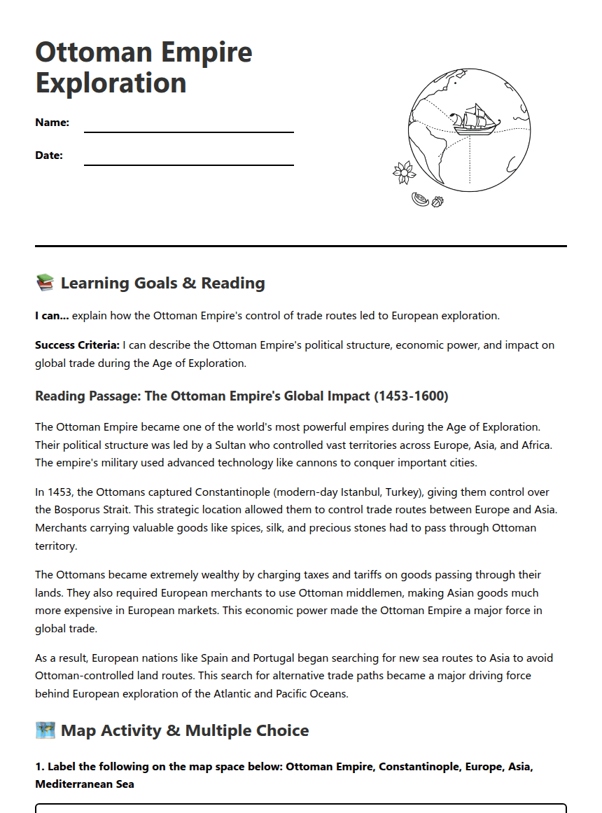 Ottoman Empire Exploration worksheet preview