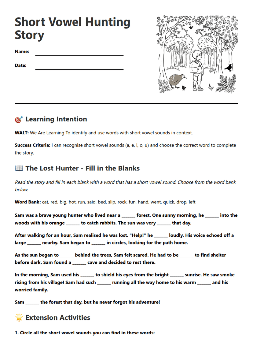Short Vowel Hunting Story