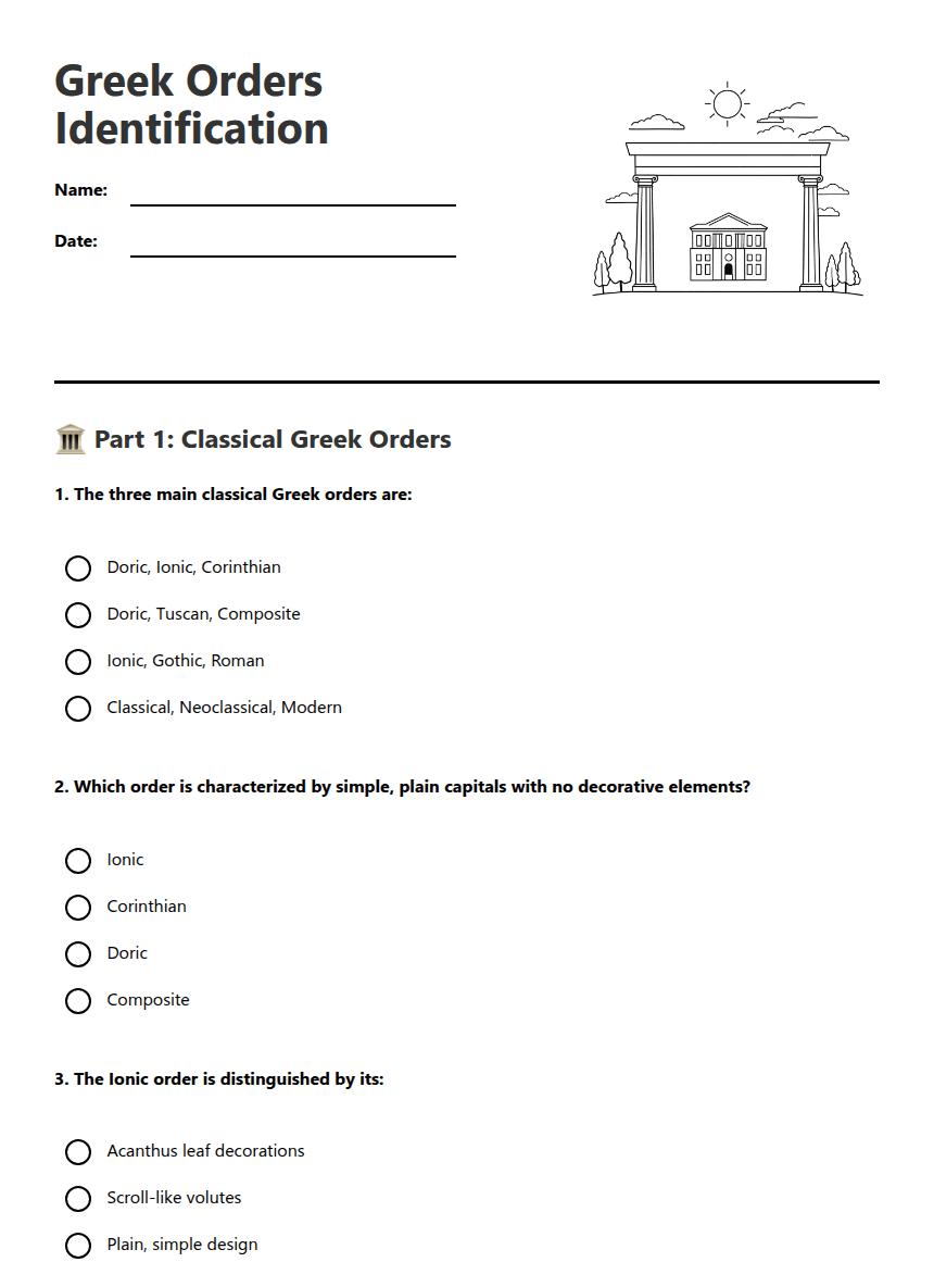 Greek Orders Identification worksheet preview