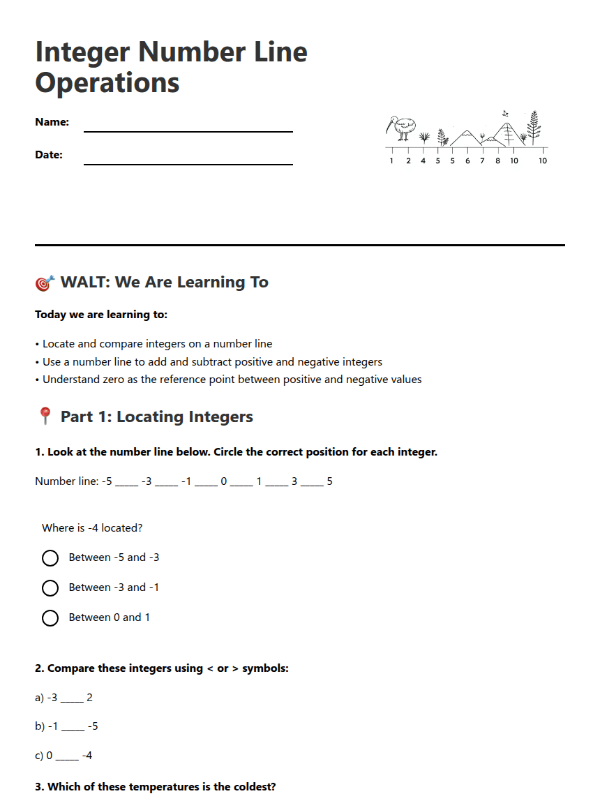 Integer Number Line Operations worksheet preview