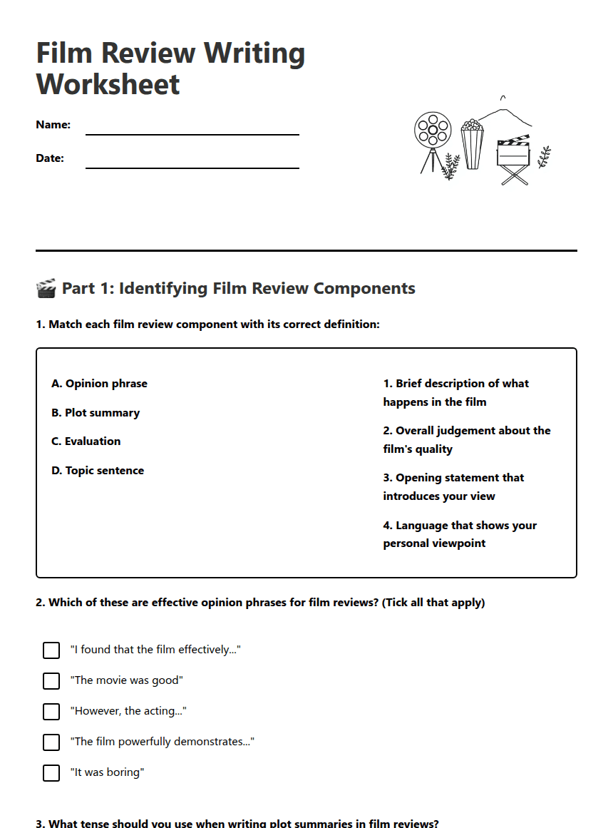 Film Review Writing Worksheet worksheet preview
