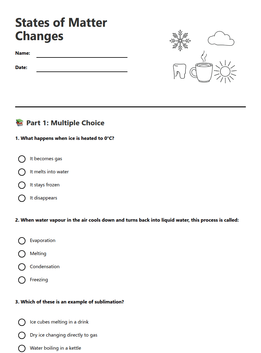 States of Matter Changes worksheet preview