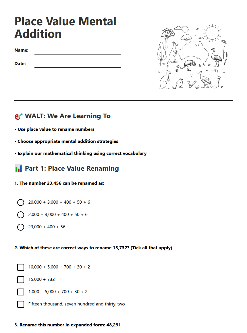 Place Value Mental Addition worksheet preview