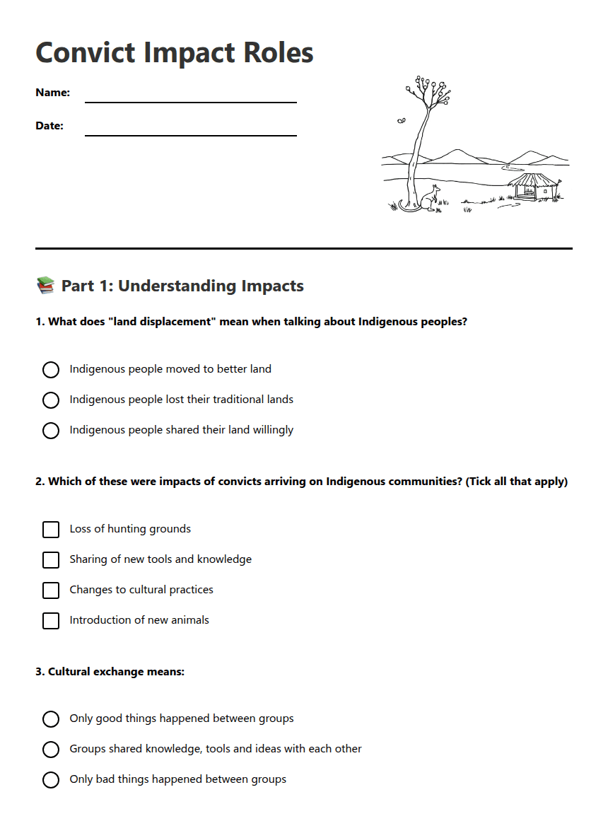 Convict Impact Roles worksheet preview