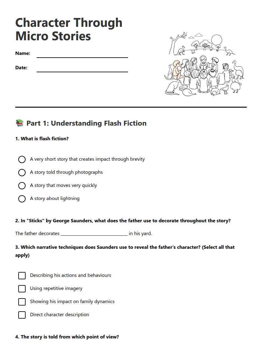 Character Through Micro Stories worksheet preview