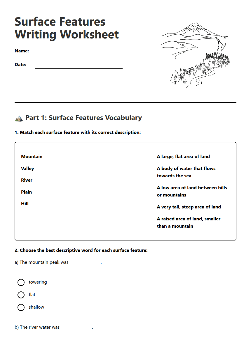 Surface Features Writing Worksheet worksheet preview