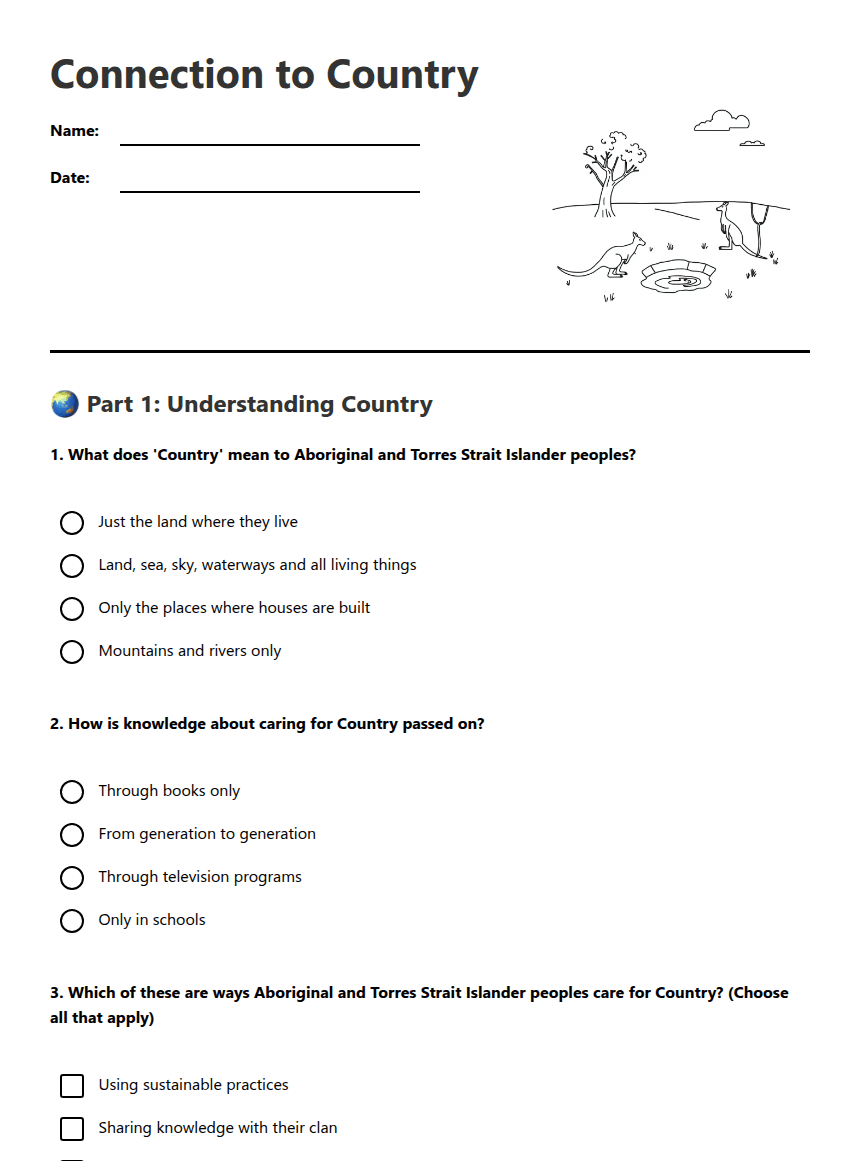 Connection to Country worksheet preview