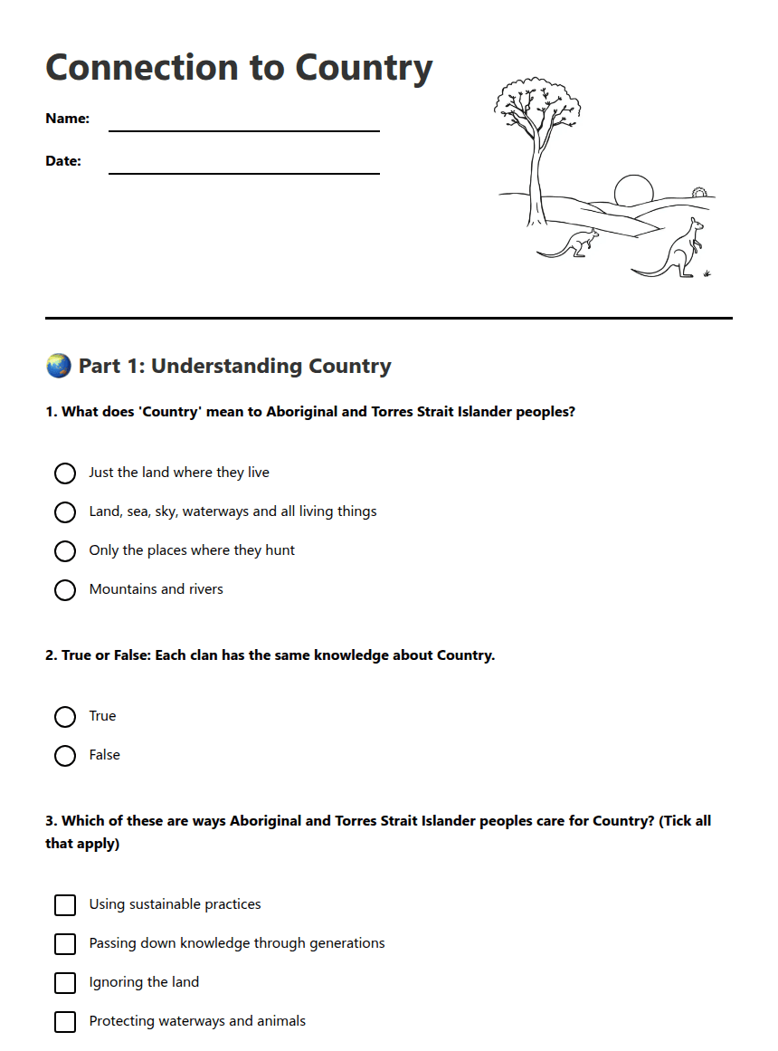 Connection to Country worksheet preview
