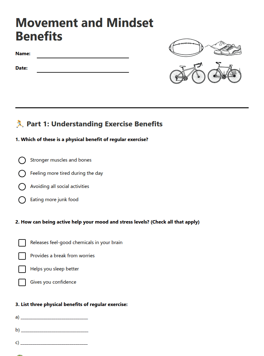 Movement and Mindset Benefits worksheet preview