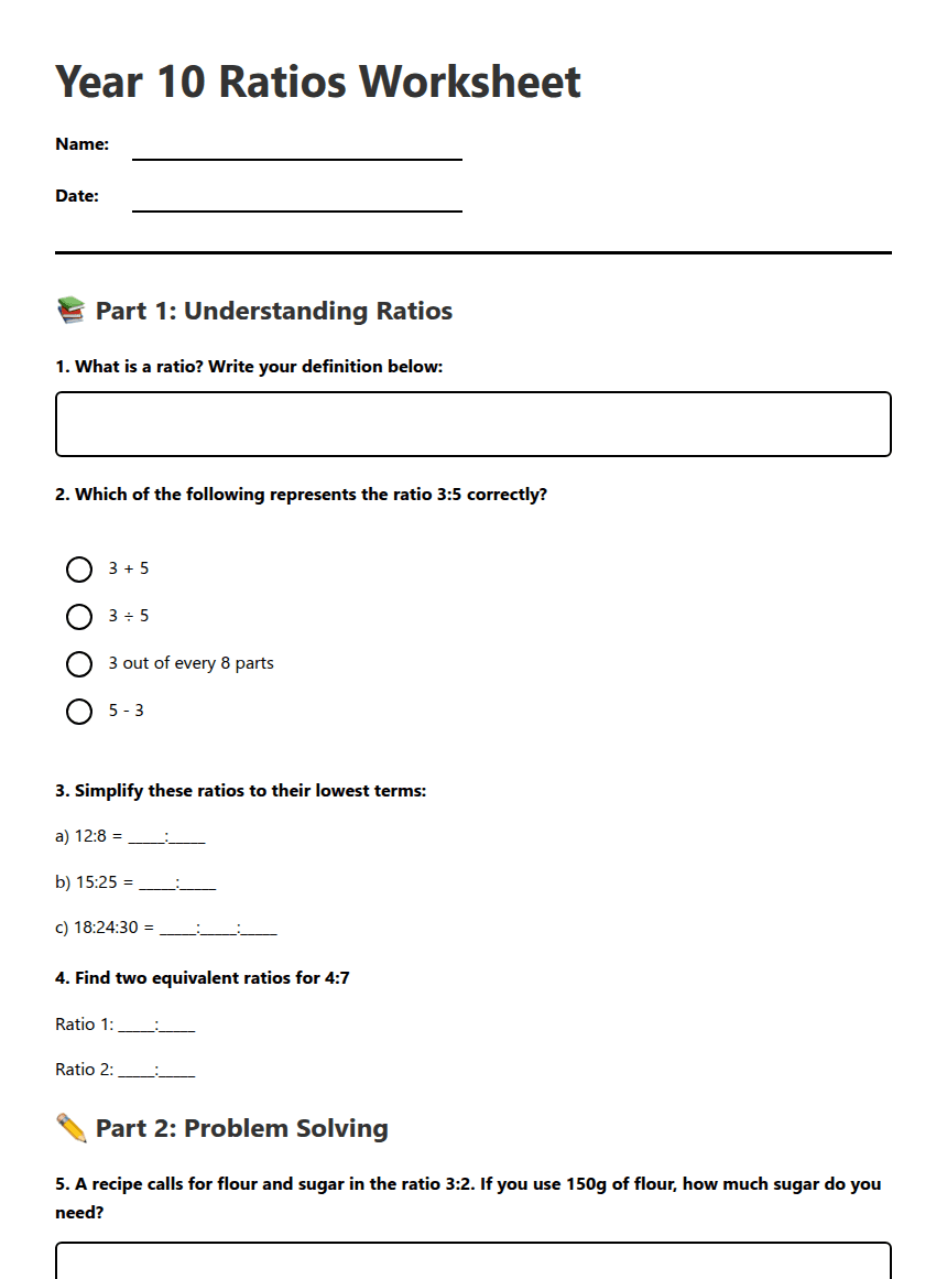 Year 10 Ratios Worksheet worksheet preview