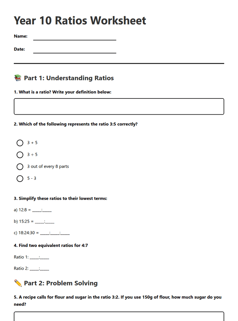 Year 10 Ratios Worksheet