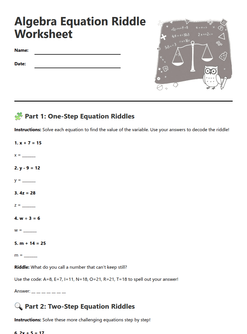 Algebra Equation Riddle Worksheet worksheet preview