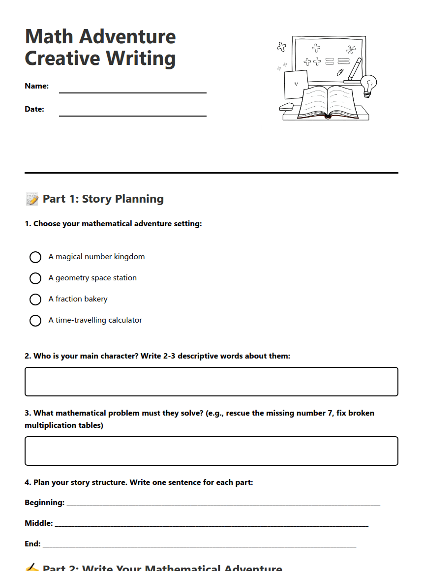 Math Adventure Creative Writing worksheet preview