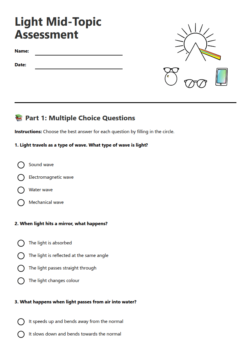 Light Mid-Topic Assessment worksheet preview