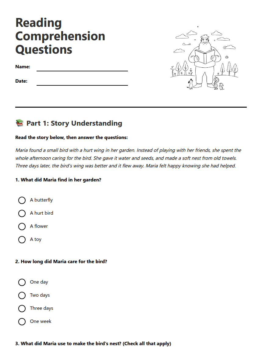 Reading Comprehension Questions worksheet preview